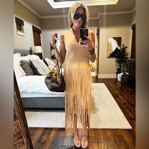 Avec Les Filles Tan Fringe Midi Dress